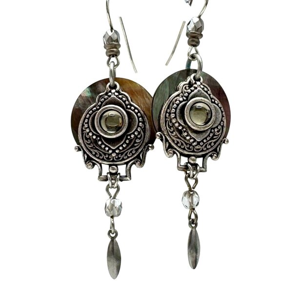 Bohemian Dangle Earrings Mother-Of-Pearl Silver-Tone Unique 2" - Picture 1 of 9